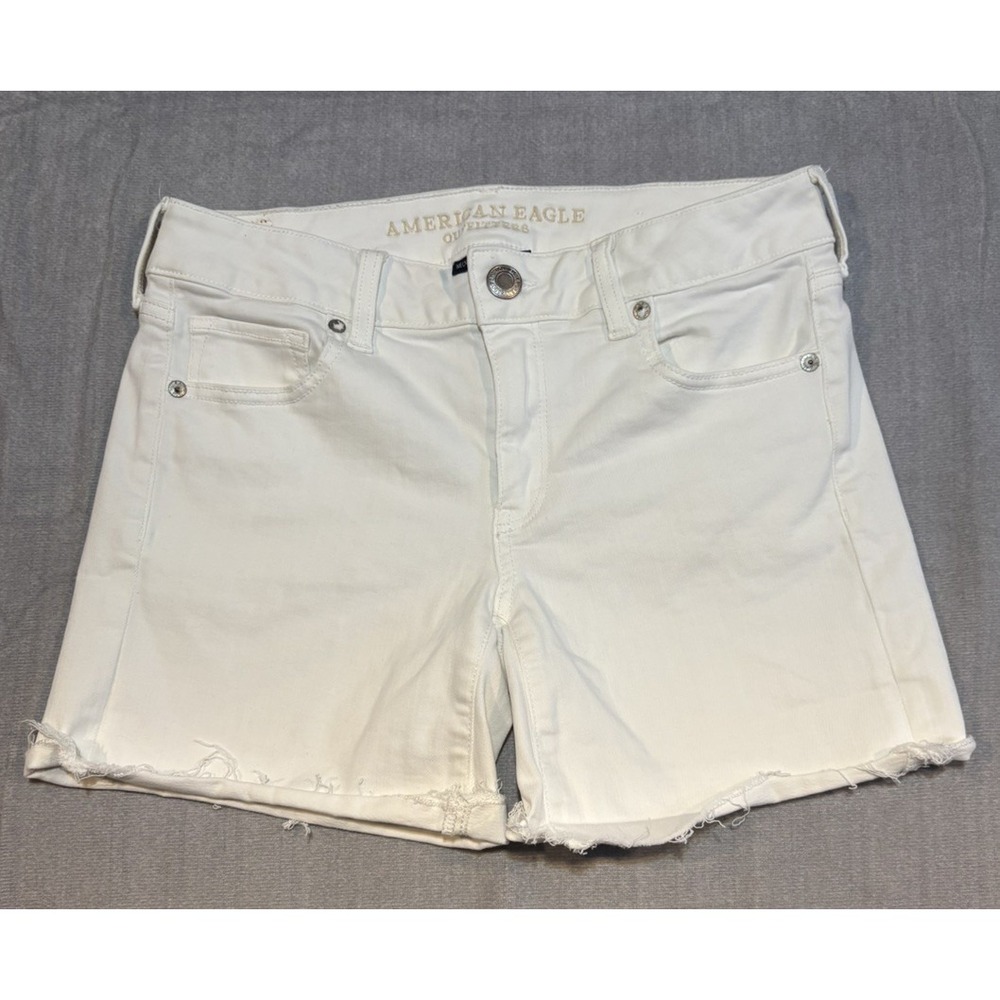 American Eagle Women Shorts 8 White Denim Next Level Stretch X Frayed Hem 5"